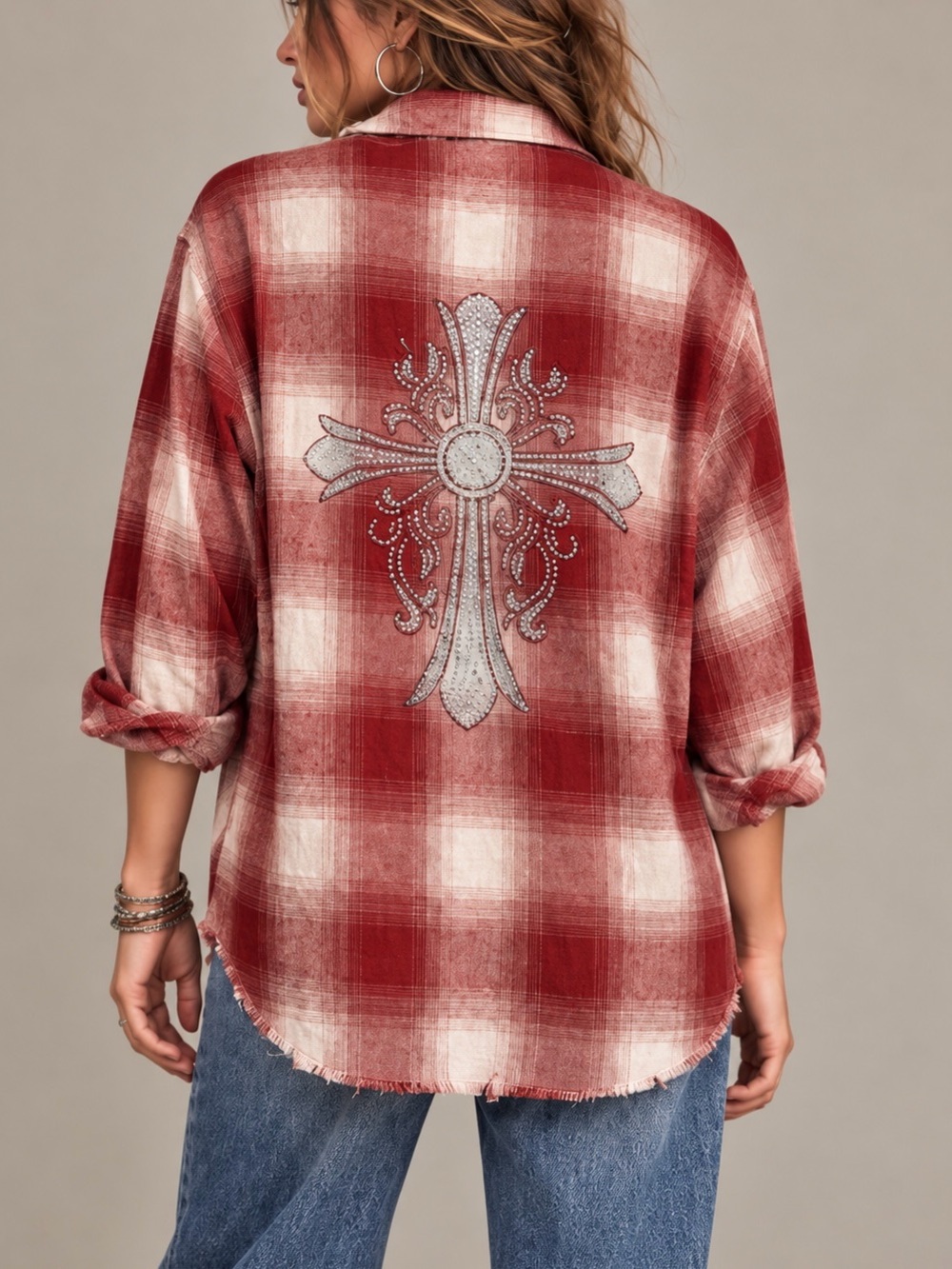 NWT Oversized Rhinestone Cross Distressed Flannel Y2K Western Grunge L